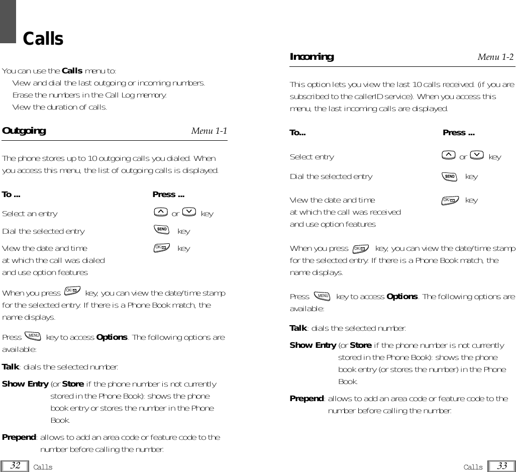 CallsYou can use the Calls menu to:• View and dial the last outgoing or incoming numbers. • Erase the numbers in the Call Log memory.• View the duration of calls.Outgoing Menu 1-1The phone stores up to 10 outgoing calls you dialed. Whenyou access this menu, the list of outgoing calls is displayed.To ...  Press ... Select an entry or  key Dial the selected entry keyView the date and time keyat which the call was dialedand use option featuresWhen you press          key, you can view the date/time stampfor the selected entry. If there is a Phone Book match, thename displays.Press  key to access Options. The following options areavailable:Talk: dials the selected number.Show Entry (or Store if the phone number is not currentlystored in the Phone Book): shows the phonebook entry or stores the number in the PhoneBook.Prepend: allows to add an area code or feature code to thenumber before calling the number.32 Calls 33CallsIncoming Menu 1-2This option lets you view the last 10 calls received. (if you aresubscribed to the callerID service). When you access thismenu, the last incoming calls are displayed.To... Press ... Select entry or  key Dial the selected entry keyView the date and time  keyat which the call was receivedand use option featuresWhen you press           key, you can view the date/time stampfor the selected entry. If there is a Phone Book match, thename displays.Press  key to access Options. The following options areavailable:Talk: dials the selected number.Show Entry (or Store if the phone number is not currentlystored in the Phone Book): shows the phonebook entry (or stores the number) in the PhoneBook.Prepend: allows to add an area code or feature code to thenumber before calling the number.MENUOK/OK/OK/MENUOK/