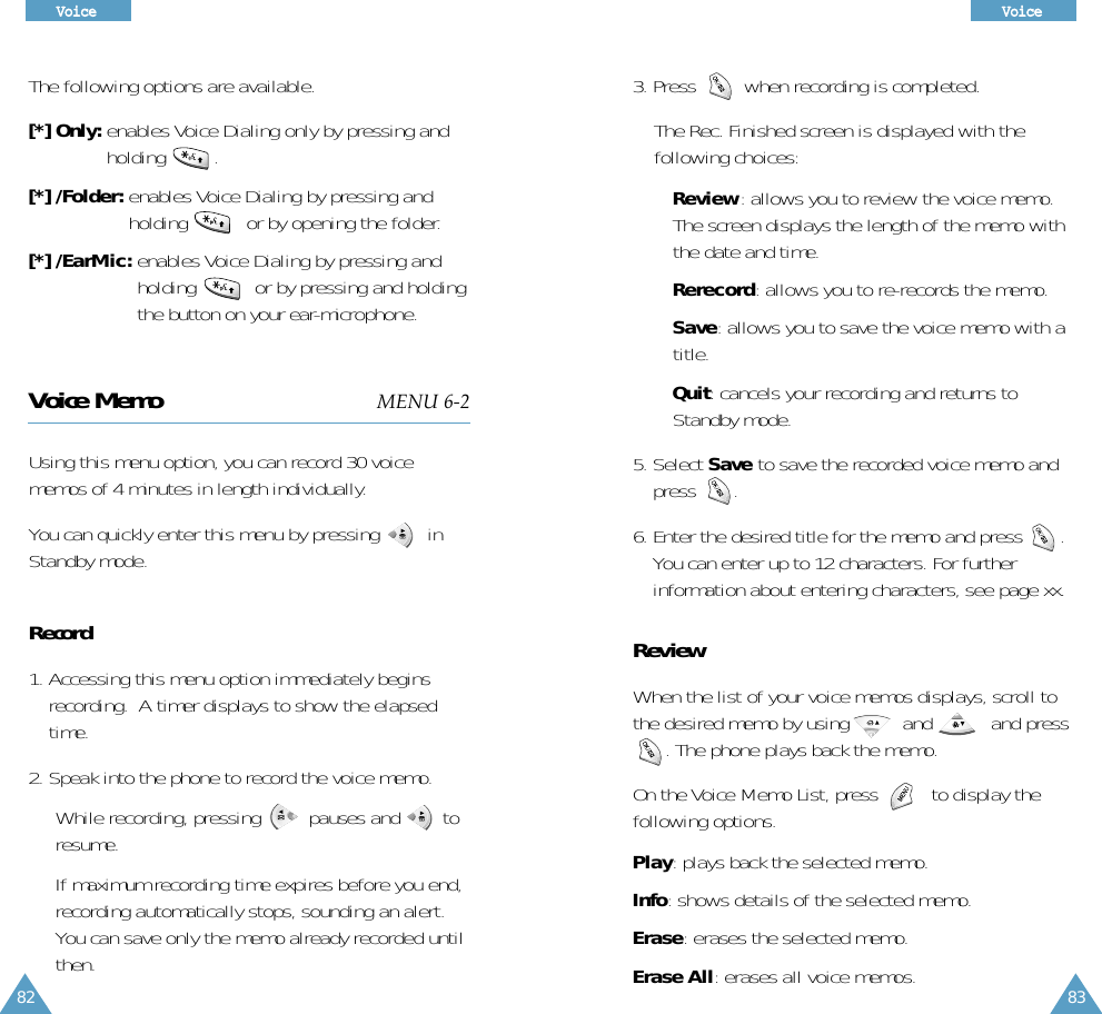 3. Press  when recording is completed.The Rec. Finished screen is displayed with thefollowing choices:• Review: allows you to review the voice memo.The screen displays the length of the memo withthe date and time.• Rerecord: allows you to re-records the memo.• Save: allows you to save the voice memo with atitle.• Quit: cancels your recording and returns toStandby mode.5. Select Save to save the recorded voice memo andpress       .6. Enter the desired title for the memo and press       .You can enter up to 12 characters. For furtherinformation about entering characters, see page xx.ReviewWhen the list of your voice memos displays, scroll tothe desired memo by using          and           and press. The phone plays back the memo. On the Voice Memo List, press          to display thefollowing options.Play: plays back the selected memo.Info: shows details of the selected memo.Erase: erases the selected memo.Erase All: erases all voice memos. 83VVooiiccee 82VVooiiccee The following options are available.[*] Only: enables Voice Dialing only by pressing andholding .[*] /Folder: enables Voice Dialing by pressing andholding  or by opening the folder.[*] /EarMic: enables Voice Dialing by pressing andholding  or by pressing and holdingthe button on your ear-microphone.Voice Memo MENU 6-2Using this menu option, you can record 30 voicememos of 4 minutes in length individually. You can quickly enter this menu by pressing         inStandby mode.Record1. Accessing this menu option immediately beginsrecording.  A timer displays to show the elapsedtime. 2. Speak into the phone to record the voice memo. While recording, pressing         pauses and        toresume.If maximum recording time expires before you end,recording automatically stops, sounding an alert.You can save only the memo already recorded untilthen.