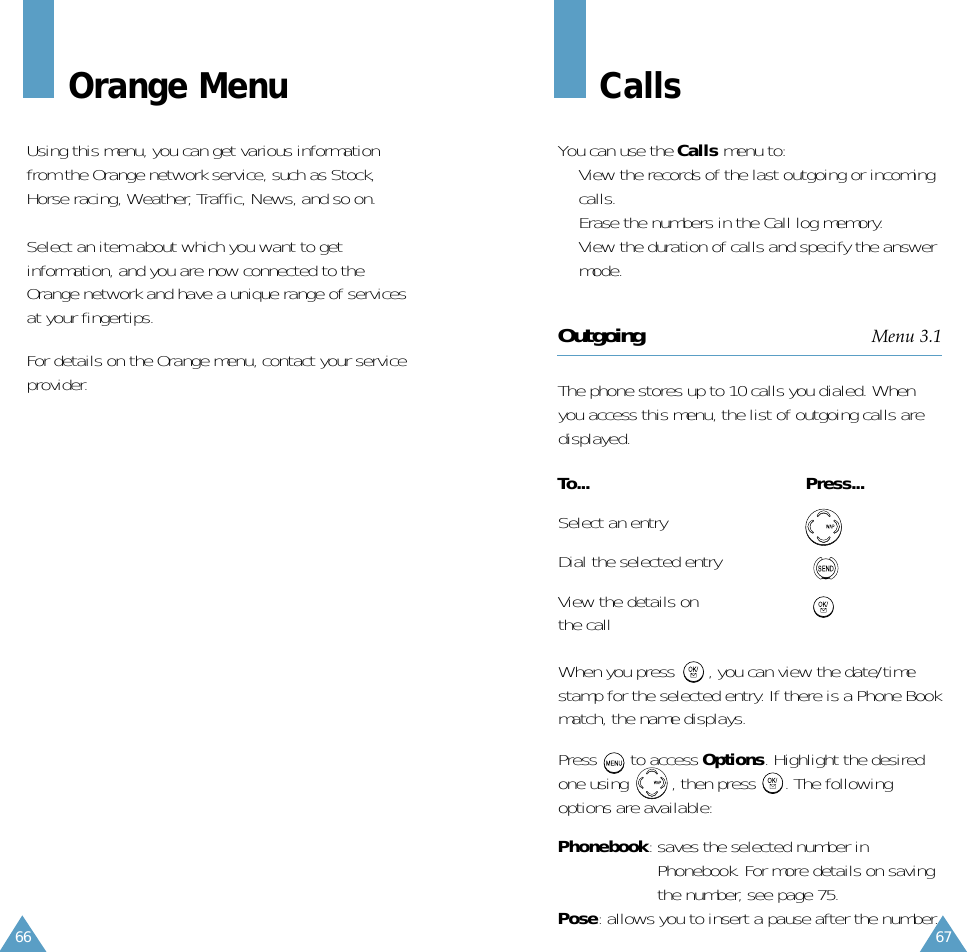 6766Orange MenuUsing this menu, you can get various informationfrom the Orange network service, such as Stock,Horse racing, Weather, Traffic, News, and so on.Select an item about which you want to getinformation, and you are now connected to theOrange network and have a unique range of servicesat your fingertips.For details on the Orange menu, contact your serviceprovider. CallsYou can use the Calls menu to:• View the records of the last outgoing or incomingcalls. • Erase the numbers in the Call log memory.• View the duration of calls and specify the answermode.Outgoing Menu 3.1The phone stores up to 10 calls you dialed. Whenyou access this menu, the list of outgoing calls aredisplayed. To... Press... Select an entryDial the selected entryView the details onthe callWhen you press       , you can view the date/timestamp for the selected entry. If there is a Phone Bookmatch, the name displays.Press to access Options. Highlight the desiredone using         , then press      . The followingoptions are available:Phonebook: saves the selected number inPhonebook. For more details on savingthe number, see page 75.Pose: allows you to insert a pause after the number.