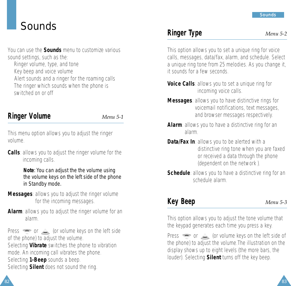 83SSoouunnddss82SoundsYou can use the Sounds menu to customize varioussound settings, such as the:• Ringer volume, type, and tone• Key beep and voice volume•  Alert sounds and a ringer for the roaming calls• The ringer which sounds when the phone isswitched on or offRinger Volume Menu 5-1This menu option allows you to adjust the ringervolume. Calls: allows you to adjust the ringer volume for theincoming calls.Note: You can adjust the the volume usingthe volume keys on the left side of the phonein Standby mode.Messages: allows you to adjust the ringer volumefor the incoming messages.Alarm: allows you to adjust the ringer volume for analarm.Press          or          (or volume keys on the left sideof the phone) to adjust the volume. Selecting Vibrate switches the phone to vibrationmode. An incoming call vibrates the phone.Selecting 1-Beep sounds a beep.Selecting Silent does not sound the ring.Ringer Type Menu 5-2This option allows you to set a unique ring for voicecalls, messages, data/fax, alarm, and schedule. Selecta unique ring tone from 25 melodies. As you change it,it sounds for a few seconds. Voice Calls: allows you to set a unique ring forincoming voice calls. Messages: allows you to have distinctive rings forvoicemail notifications, text messages,and browser messages respectively.Alarm: allows you to have a distinctive ring for analarm.Data/Fax In: allows you to be alerted with adistinctive ring tone when you are faxedor received a data through the phone(dependent on the network ).Schedule: allows you to have a distinctive ring for anschedule alarm.Key Beep Menu 5-3This option allows you to adjust the tone volume thatthe keypad generates each time you press a key.  Press          or          (or volume keys on the left side ofthe phone) to adjust the volume.The illustration on thedisplay shows up to eight levels (the more bars, thelouder). Selecting Silent turns off the key beep.