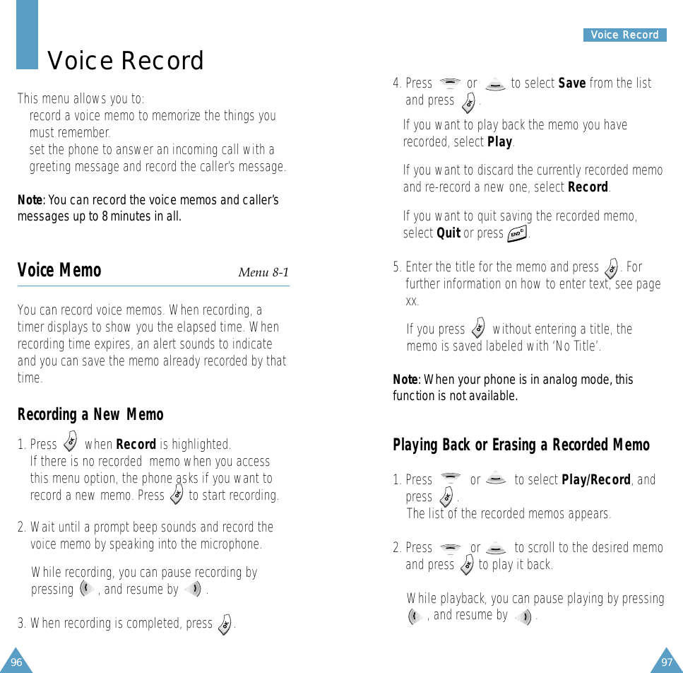 97VVooiiccee  RReeccoorrdd96Voice RecordThis menu allows you to:• record a voice memo to memorize the things youmust remember. • set the phone to answer an incoming call with agreeting message and record the caller’s message.Note: You can record the voice memos and caller’smessages up to 8 minutes in all.Voice Memo Menu 8-1You can record voice memos. When recording, atimer displays to show you the elapsed time. Whenrecording time expires, an alert sounds to indicateand you can save the memo already recorded by thattime.Recording a New Memo1. Press        when Record is highlighted. If there is no recorded  memo when you accessthis menu option, the phone asks if you want torecord a new memo. Press       to start recording.2. Wait until a prompt beep sounds and record thevoice memo by speaking into the microphone.While recording, you can pause recording bypressing       , and resume by        .3. When recording is completed, press      .  4. Press          or          to select Save from the listand press       . If you want to play back the memo you haverecorded, select Play.If you want to discard the currently recorded memoand re-record a new one, select Record.If you want to quit saving the recorded memo,select Quit or press       .5. Enter the title for the memo and press      . Forfurther information on how to enter text, see pagexx.If you press        without entering a title, thememo is saved labeled with ‘No Title’.Note: When your phone is in analog mode, thisfunction is not available.Playing Back or Erasing a Recorded Memo1. Press           or          to select Play/Record, andpress       .The list of the recorded memos appears. 2. Press           or          to scroll to the desired memoand press       to play it back.While playback, you can pause playing by pressing, and resume by        .