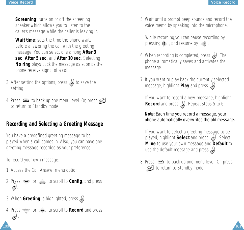 101VVooiiccee  RReeccoorrdd100VVooiiccee  RReeccoorrdd• Screening: turns on or off the screeningspeaker which allows you to listen to thecaller’s message while the caller is leaving it.• Wait time: sets the time the phone waitsbefore answering the call with the greetingmessage. You can select one among After 3sec, After 5 sec, and After 10 sec. SelectingNo ring plays back the message as soon as thephone receive signal of a call.3. After setting the options, press       to save thesetting.4. Press         to back up one menu level. Or, pressto return to Standby mode.Recording and Selecting a Greeting MessageYou have a predefined greeting message to beplayed when a call comes in. Also, you can have onegreeting message recorded as your preference.To record your own message:1. Access the Call Answer menu option.2. Press          or          to scroll to Config, and press.3. When Greeting is highlighted, press      .4. Press          or          to scroll to Record and press.5. Wait until a prompt beep sounds and record thevoice memo by speaking into the microphone.While recording,you can pause recording bypressing       , and resume by        .6. When recording is completed, press      . Thephone automatically saves and activates themessage.7. If you want to play back the currently selectedmessage, highlight Play and press       .If you want to record a new message, highlightRecord and press      . Repeat steps 5 to 6.Note: Each time you record a message, yourphone automatically overwrites the old message.If you want to select a greeting message to beplayed, highlight Select and press       . SelectMine to use your own message and Default touse the default message and press       .8. Press          to back up one menu level. Or, pressto return to Standby mode.