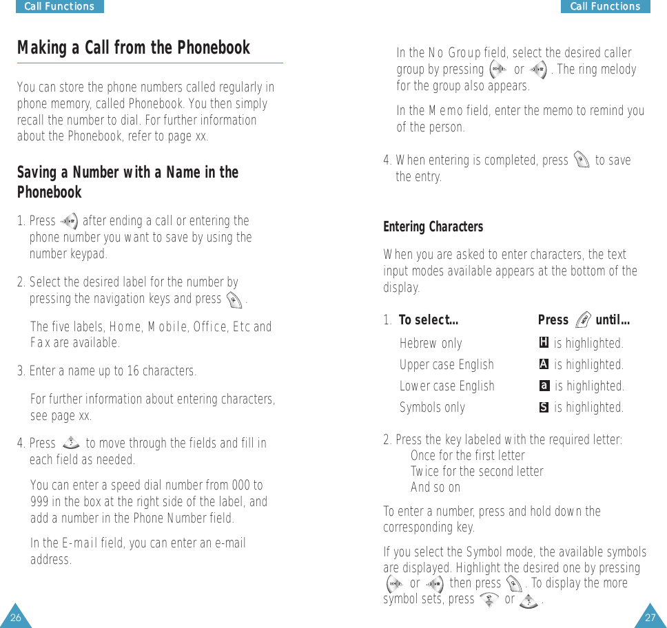 Making a Call from the PhonebookYou can store the phone numbers called regularly inphone memory, called Phonebook. You then simplyrecall the number to dial. For further informationabout the Phonebook, refer to page xx.Saving a Number with a Name in thePhonebook1. Press        after ending a call or entering thephone number you want to save by using thenumber keypad.2. Select the desired label for the number bypressing the navigation keys and press       . The five labels, Home, Mobile, Office, EtcandFax are available.3. Enter a name up to 16 characters.For further information about entering characters,see page xx.4. Press         to move through the fields and fill ineach field as needed. You can enter a speed dial number from 000 to999 in the box at the right side of the label, andadd a number in the Phone Number field. In the E-mailfield, you can enter an e-mailaddress.In the No Group field, select the desired callergroup by pressing         or        . The ring melodyfor the group also appears.In the Memofield, enter the memo to remind youof the person.4. When entering is completed, press        to savethe entry.Entering CharactersWhen you are asked to enter characters, the textinput modes available appears at the bottom of thedisplay.1.  To select... Press        until...Hebrew only is highlighted.Upper case English is highlighted.Lower case English is highlighted.Symbols only is highlighted.2. Press the key labeled with the required letter:•  Once for the first letter•  Twice for the second letter•  And so onTo enter a number, press and hold down thecorresponding key.If you select the Symbol mode, the available symbolsare displayed. Highlight the desired one by pressingor         then press       . To display the moresymbol sets, press         or        .SSaaAAHH27CCaallll  FFuunnccttiioonnss26CCaallll  FFuunnccttiioonnss