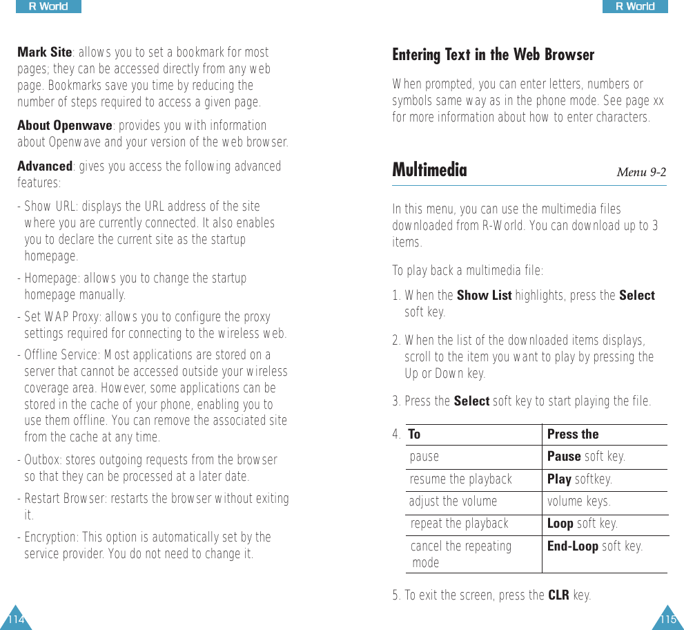115RR  WWoorrlldd114RR  WWoorrllddMark Site: allows you to set a bookmark for mostpages; they can be accessed directly from any webpage. Bookmarks save you time by reducing thenumber of steps required to access a given page.About Openwave: provides you with informationabout Openwave and your version of the web browser.Advanced: gives you access the following advancedfeatures:- Show URL: displays the URL address of the sitewhere you are currently connected. It also enablesyou to declare the current site as the startuphomepage.- Homepage: allows you to change the startuphomepage manually. - Set WAP Proxy: allows you to configure the proxysettings required for connecting to the wireless web.- Offline Service: Most applications are stored on aserver that cannot be accessed outside your wirelesscoverage area. However, some applications can bestored in the cache of your phone, enabling you touse them offline. You can remove the associated sitefrom the cache at any time.- Outbox: stores outgoing requests from the browserso that they can be processed at a later date.- Restart Browser: restarts the browser without exitingit.- Encryption: This option is automatically set by theservice provider. You do not need to change it.Entering Text in the Web BrowserWhen prompted, you can enter letters, numbers orsymbols same way as in the phone mode. See page xxfor more information about how to enter characters.Multimedia Menu 9-2In this menu, you can use the multimedia filesdownloaded from R-World. You can download up to 3items. To play back a multimedia file:1. When the Show List highlights, press the Selectsoft key.2. When the list of the downloaded items displays,scroll to the item you want to play by pressing theUp or Down key.3. Press the Select soft key to start playing the file.4.  To Press thepause  Pause soft key.resume the playback Play softkey.adjust the volume volume keys.repeat the playback Loop soft key. cancel the repeating End-Loop soft key.mode5. To exit the screen, press the CLR key.