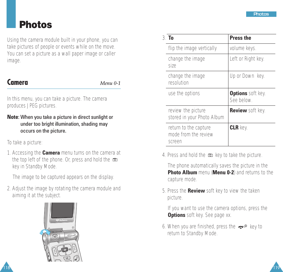 118 119PPhhoottoossPhotosUsing the camera module built in your phone, you cantake pictures of people or events while on the move.You can set a picture as a wall paper image or callerimage.Camera Menu 0-1In this menu, you can take a picture. The cameraproduces JPEG pictures.Note: When you take a picture in direct sunlight orunder too bright illumination, shading mayoccurs on the picture.To take a picture:1. Accessing the Camera menu turns on the camera atthe top left of the phone. Or, press and hold the key in Standby Mode.The image to be captured appears on the display.2. Adjust the image by rotating the camera module andaiming it at the subject.3. To Press theflip the image vertically volume keys.change the image Left or Right key.sizechange the image Up or Down  key.resolutionuse the options Options soft key.See below.review the picture Review soft key.stored in your Photo Albumreturn to the capture CLR key.mode from the reviewscreen4. Press and hold the  key to take the picture.The phone automatically saves the picture in thePhoto Album menu (Menu 0-2) and returns to thecapture mode.5. Press the Review soft key to view the takenpicture.If you want to use the camera options, press theOptions soft key. See page xx.6. When you are finished, press the  key toreturn to Standby Mode.