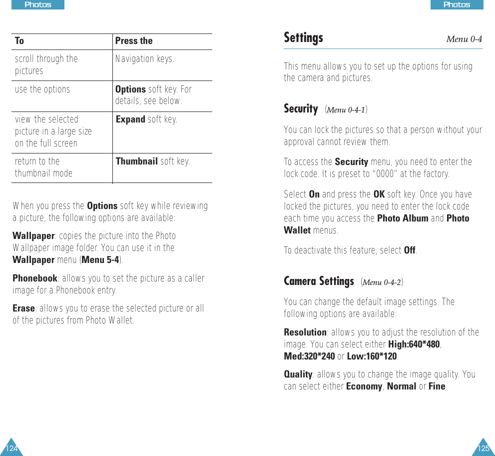 125PPhhoottooss124PPhhoottoossTo Press thescroll through the Navigation keys.picturesuse the options Options soft key. Fordetails, see below.view the selected Expand soft key.picture in a large sizeon the full screenreturn to the  Thumbnail soft key. thumbnail modeWhen you press the Options soft key while reviewinga picture, the following options are available:Wallpaper: copies the picture into the PhotoWallpaper image folder. You can use it in theWallpaper menu (Menu 5-4).Phonebook: allows you to set the picture as a callerimage for a Phonebook entry.Erase: allows you to erase the selected picture or allof the pictures from Photo Wallet.Settings Menu 0-4This menu allows you to set up the options for usingthe camera and pictures.Security  (Menu 0-4-1)You can lock the pictures so that a person without yourapproval cannot review them. To access the Security menu, you need to enter thelock code. It is preset to “0000” at the factory.Select On and press the OK soft key. Once you havelocked the pictures, you need to enter the lock codeeach time you access the Photo Album and PhotoWallet menus.To deactivate this feature, select Off.Camera Settings  (Menu 0-4-2)You can change the default image settings. Thefollowing options are available:Resolution: allows you to adjust the resolution of theimage. You can select either High:640*480,Med:320*240 or Low:160*120.Quality: allows you to change the image quality. Youcan select either Economy, Normal or Fine.