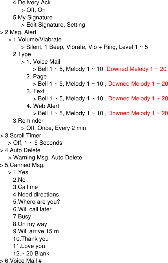         4.Delivery Ack             &gt; Off, On        5.My Signature             &gt; Edit Signature, Setting&gt; 2.Msg. Alert     &gt; 1.Volume/Viabrate             &gt; Silent, 1 Beep, Vibrate, Vib + Ring, Level 1 ~ 5        2.Type             &gt; 1. Voice Mail                    &gt; Bell 1 ~ 5, Melody 1 ~ 10, Downed Melody 1 ~ 20                2. Page                    &gt; Bell 1 ~ 5, Melody 1 ~ 10 , Downed Melody 1 ~ 20                3. Text                    &gt; Bell 1 ~ 5, Melody 1 ~ 10 , Downed Melody 1 ~ 20                4. Web Alert                    &gt; Bell 1 ~ 5, Melody 1 ~ 10 , Downed Melody 1 ~ 20        3.Reminder             &gt; Off, Once, Every 2 min&gt; 3.Scroll Timer     &gt; Off, 1 ~ 5 Seconds&gt; 4.Auto Delete     &gt; Warning Msg, Auto Delete&gt; 5.Canned Msg.     &gt; 1.Yes        2.No        3.Call me        4.Need directions        5.Where are you?        6.Will call later        7.Busy        8.On my way        9.Will arrive 15 m        10.Thank you        11.Love you        12.~ 20 Blank&gt; 6.Voice Mail #