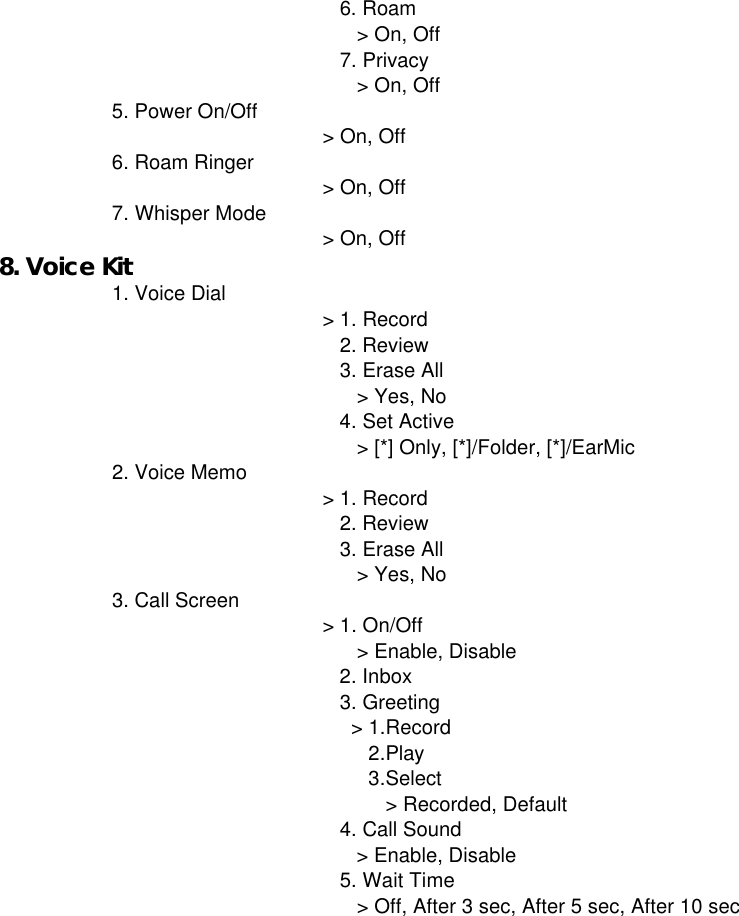    6. Roam      &gt; On, Off   7. Privacy      &gt; On, Off5. Power On/Off&gt; On, Off6. Roam Ringer&gt; On, Off7. Whisper Mode&gt; On, Off8. Voice Kit1. Voice Dial&gt; 1. Record   2. Review   3. Erase All      &gt; Yes, No   4. Set Active      &gt; [*] Only, [*]/Folder, [*]/EarMic2. Voice Memo&gt; 1. Record   2. Review   3. Erase All      &gt; Yes, No3. Call Screen&gt; 1. On/Off      &gt; Enable, Disable   2. Inbox   3. Greeting     &gt; 1.Record        2.Play        3.Select           &gt; Recorded, Default   4. Call Sound      &gt; Enable, Disable   5. Wait Time      &gt; Off, After 3 sec, After 5 sec, After 10 sec