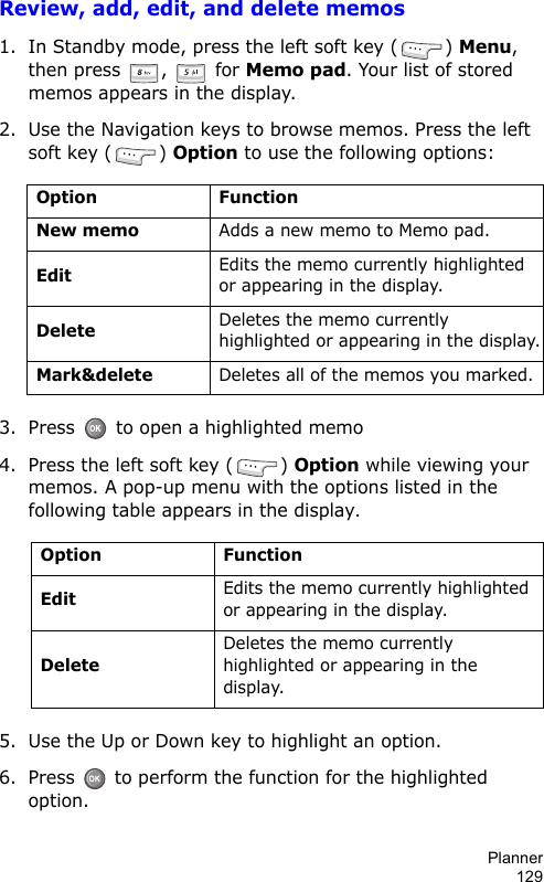 Planner129Review, add, edit, and delete memos1. In Standby mode, press the left soft key ( ) Menu, then press ,   for Memo pad. Your list of stored memos appears in the display.2. Use the Navigation keys to browse memos. Press the left soft key ( ) Option to use the following options:3. Press   to open a highlighted memo4. Press the left soft key ( ) Option while viewing your memos. A pop-up menu with the options listed in the following table appears in the display.5. Use the Up or Down key to highlight an option.6. Press   to perform the function for the highlighted option.Option FunctionNew memoAdds a new memo to Memo pad.EditEdits the memo currently highlighted or appearing in the display.DeleteDeletes the memo currently highlighted or appearing in the display.Mark&amp;deleteDeletes all of the memos you marked.Option FunctionEditEdits the memo currently highlighted or appearing in the display.DeleteDeletes the memo currently highlighted or appearing in the display.