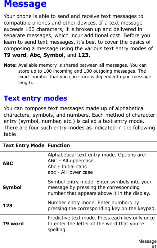 Message61MessageYour phone is able to send and receive text messages to compatible phones and other devices. If a text message exceeds 160 characters, it is broken up and delivered in separate messages, which incur additional cost. Before you learn to send text messages, it’s best to cover the basics of composing a message using the various text entry modes of T9 word, Abc, Symbol, and 123.Note: Available memory is shared between all messages. You can store up to 100 incoming and 100 outgoing messages. The exact number that you can store is dependent upon message length.Text entry modesYou can compose text messages made up of alphabetical characters, symbols, and numbers. Each method of character entry (symbol, number, etc.) is called a text entry mode. There are four such entry modes as indicated in the following table:Text Entry Mode FunctionABCAlphabetical text entry mode. Options are:ABC - All uppercaseAbc - Initial capsabc - All lower caseSymbolSymbol entry mode. Enter symbols into your message by pressing the corresponding number that appears above it in the display.123Number entry mode. Enter numbers by pressing the corresponding key on the keypad.T9 wordPredictive text mode. Press each key only once to enter the letter of the word that you’re spelling.