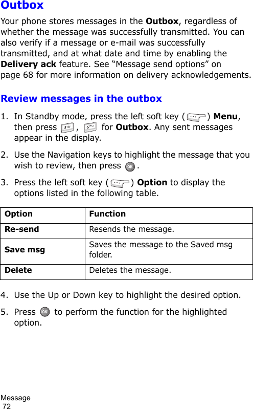 Message                                                                                        72OutboxYour phone stores messages in the Outbox, regardless of whether the message was successfully transmitted. You can also verify if a message or e-mail was successfully transmitted, and at what date and time by enabling the Delivery ack feature. See “Message send options” on page 68 for more information on delivery acknowledgements.Review messages in the outbox1. In Standby mode, press the left soft key ( ) Menu, then press  ,   for Outbox. Any sent messages appear in the display.2. Use the Navigation keys to highlight the message that you wish to review, then press .3. Press the left soft key ( ) Option to display the options listed in the following table.4. Use the Up or Down key to highlight the desired option.5. Press   to perform the function for the highlighted option.Option FunctionRe-sendResends the message.Save msgSaves the message to the Saved msg folder.DeleteDeletes the message.