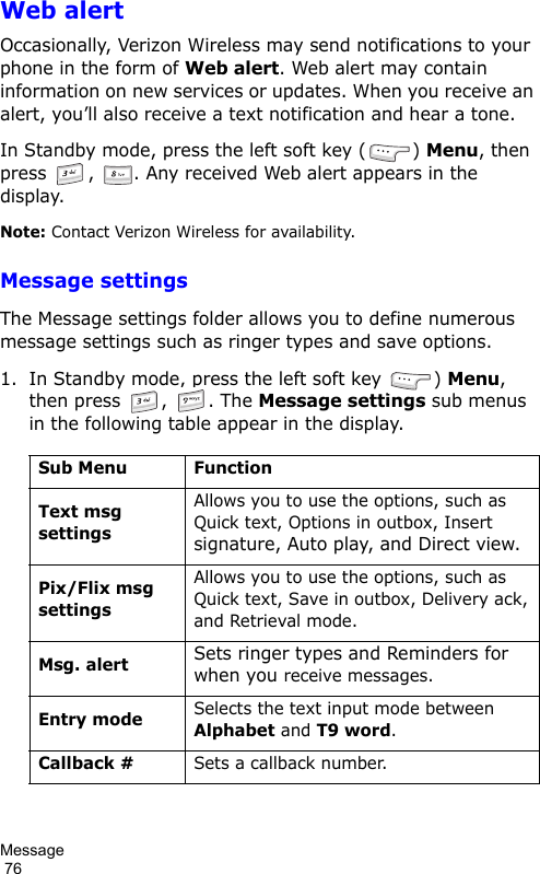 Message                                                                                        76Web alertOccasionally, Verizon Wireless may send notifications to your phone in the form of Web alert. Web alert may contain information on new services or updates. When you receive an alert, you’ll also receive a text notification and hear a tone.In Standby mode, press the left soft key ( ) Menu, then press  ,  . Any received Web alert appears in the display.Note: Contact Verizon Wireless for availability.Message settingsThe Message settings folder allows you to define numerous message settings such as ringer types and save options.1. In Standby mode, press the left soft key  ) Menu, then press  ,  . The Message settings sub menus in the following table appear in the display.Sub Menu FunctionText msg settingsAllows you to use the options, such as Quick text, Options in outbox, Insert signature, Auto play, and Direct view.Pix/Flix msg settingsAllows you to use the options, such as Quick text, Save in outbox, Delivery ack, and Retrieval mode.Msg. alertSets ringer types and Reminders for when you receive messages.Entry modeSelects the text input mode between Alphabet and T9 word.Callback #Sets a callback number.