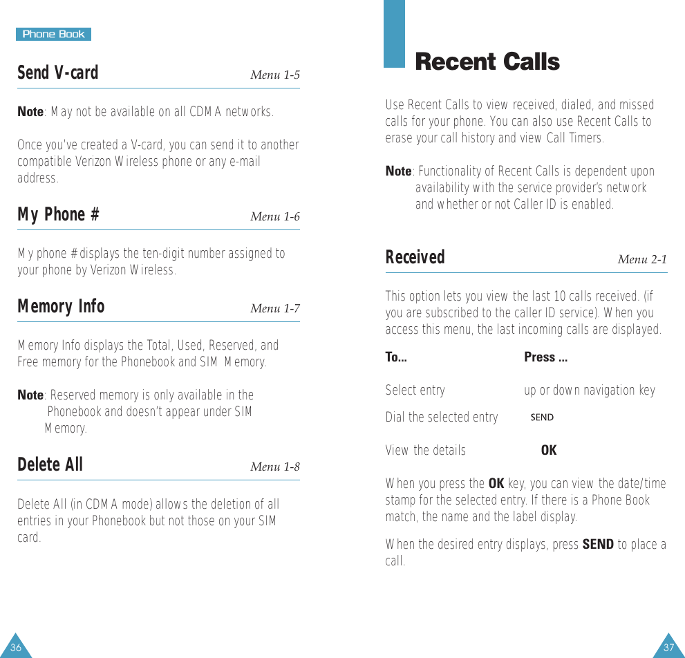 37Recent CallsUse Recent Calls to view received, dialed, and missedcalls for your phone. You can also use Recent Calls toerase your call history and view Call Timers.Note: Functionality of Recent Calls is dependent upon availability with the service provider’s network and whether or not Caller ID is enabled.Received  Menu 2-1This option lets you view the last 10 calls received. (ifyou are subscribed to the caller ID service). When youaccess this menu, the last incoming calls are displayed.To...      Press ... Select entry up or down navigation keyDial the selected entryView the details OKWhen you press the OK key, you can view the date/timestamp for the selected entry. If there is a Phone Bookmatch, the name and the label display.When the desired entry displays, press SEND to place acall.36Send V-card Menu 1-5Note: May not be available on all CDMA networks.Once you’ve created a V-card, you can send it to anothercompatible Verizon Wireless phone or any e-mailaddress.My Phone # Menu 1-6My phone # displays the ten-digit number assigned toyour phone by Verizon Wireless.Memory Info Menu 1-7Memory Info displays the Total, Used, Reserved, andFree memory for the Phonebook and SIM Memory.Note: Reserved memory is only available in the Phonebook and doesn’t appear under SIM Memory.Delete All Menu 1-8Delete All (in CDMA mode) allows the deletion of allentries in your Phonebook but not those on your SIMcard.PPhhoonnee  BBooookk