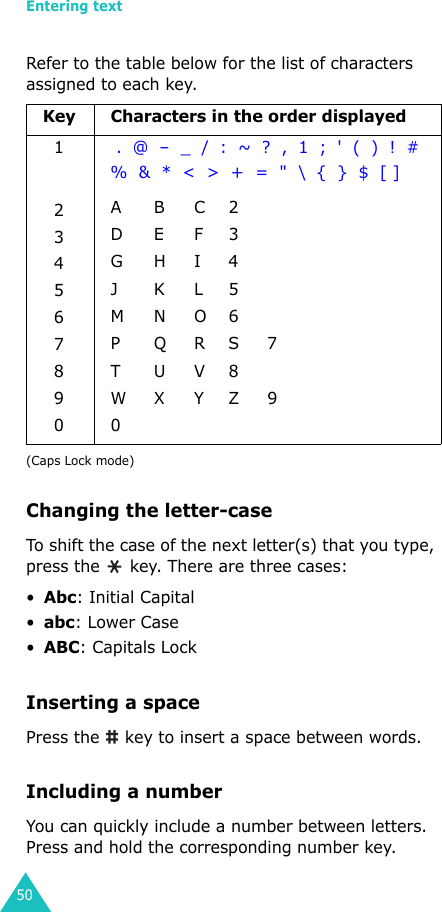 Entering text50Refer to the table below for the list of characters assigned to each key.(Caps Lock mode)Changing the letter-caseTo shift the case of the next letter(s) that you type, press the   key. There are three cases: •Abc: Initial Capital•abc: Lower Case•ABC: Capitals LockInserting a spacePress the   key to insert a space between words.Including a numberYou can quickly include a number between letters. Press and hold the corresponding number key.Key Characters in the order displayed  1  2  3  4  5  6  7  8  9  0 .  @  –  _  /  :  ~  ?  ,  1  ;  &apos;  (  )  !  #  %  &amp;  *  &lt;  &gt;  +  =  &quot;  \  {  }  $  [ ]  ABC2DEF3GHI4JKL5MNO6P Q R S     7TUV8W X Y Z     90