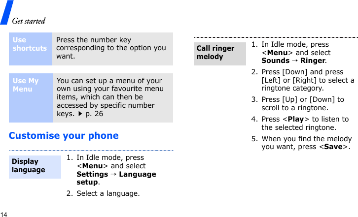 Get started14Customise your phoneUse shortcutsPress the number key corresponding to the option you want.Use My MenuYou can set up a menu of your own using your favourite menu items, which can then be accessed by specific number keys.p. 261. In Idle mode, press &lt;Menu&gt; and select Settings → Language setup.2. Select a language.Display language1. In Idle mode, press &lt;Menu&gt; and select Sounds → Ringer.2. Press [Down] and press [Left] or [Right] to select a ringtone category.3. Press [Up] or [Down] to scroll to a ringtone.4. Press &lt;Play&gt; to listen to the selected ringtone.5. When you find the melody you want, press &lt;Save&gt;.Call ringer melody