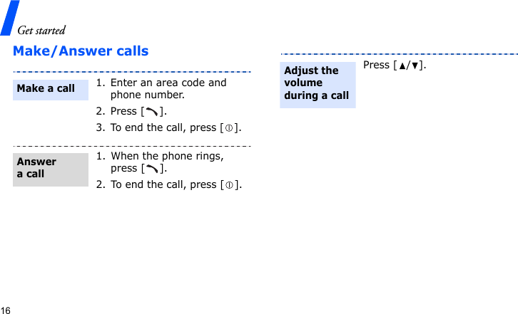 Get started16Make/Answer calls1. Enter an area code and phone number.2. Press [ ].3. To end the call, press [].1. When the phone rings, press [ ].2. To end the call, press [ ].Make a callAnswer a callPress [ / ].Adjust the volume during a call