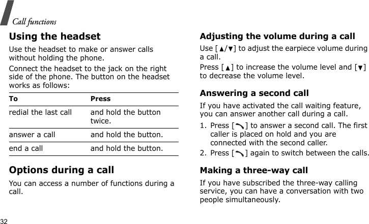 Call functions32Using the headsetUse the headset to make or answer calls without holding the phone. Connect the headset to the jack on the right side of the phone. The button on the headset works as follows:Options during a callYou can access a number of functions during a call.Adjusting the volume during a callUse [ / ] to adjust the earpiece volume during a call.Press [ ] to increase the volume level and [ ] to decrease the volume level.Answering a second callIf you have activated the call waiting feature, you can answer another call during a call.1. Press [ ] to answer a second call. The first caller is placed on hold and you are connected with the second caller.2. Press [ ] again to switch between the calls.Making a three-way callIf you have subscribed the three-way calling service, you can have a conversation with two people simultaneously.To Pressredial the last call and hold the button twice.answer a call and hold the button.end a call and hold the button.