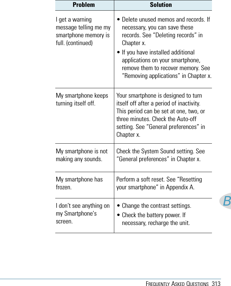 FREQUENTLY ASKED QUESTIONS 313BProblem Solution• Delete unused memos and records. Ifnecessary, you can save theserecords. See “Deleting records” inChapter x.• If you have installed additionalapplications on your smartphone,remove them to recover memory. See“Removing applications” in Chapter x.My smartphone keepsturning itself off.I get a warningmessage telling me mysmartphone memory isfull. (continued)Your smartphone is designed to turnitself off after a period of inactivity.This period can be set at one, two, orthree minutes. Check the Auto-offsetting. See “General preferences” inChapter x.My smartphone is notmaking any sounds.Check the System Sound setting. See“General preferences” in Chapter x.My smartphone hasfrozen.Perform a soft reset. See “Resettingyour smartphone” in Appendix A.I don’t see anything onmy Smartphone&apos;sscreen.• Change the contrast settings.• Check the battery power. Ifnecessary, recharge the unit.