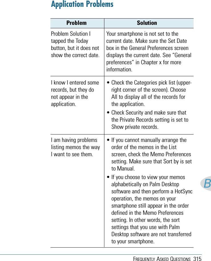 FREQUENTLY ASKED QUESTIONS 315BProblem SolutionApplication ProblemsProblem Solution Itapped the Todaybutton, but it does notshow the correct date.Your smartphone is not set to thecurrent date. Make sure the Set Datebox in the General Preferences screendisplays the current date. See “Generalpreferences” in Chapter x for moreinformation.I know I entered somerecords, but they donot appear in theapplication.• Check the Categories pick list (upper-right corner of the screen). ChooseAll to display all of the records forthe application.• Check Security and make sure thatthe Private Records setting is set toShow private records.I am having problemslisting memos the wayI want to see them.• If you cannot manually arrange theorder of the memos in the Listscreen, check the Memo Preferencessetting. Make sure that Sort by is setto Manual.• If you choose to view your memosalphabetically on Palm Desktopsoftware and then perform a HotSyncoperation, the memos on yoursmartphone still appear in the orderdefined in the Memo Preferencessetting. In other words, the sortsettings that you use with PalmDesktop software are not transferredto your smartphone.