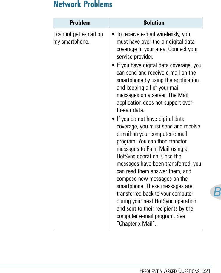 FREQUENTLY ASKED QUESTIONS 321BProblem SolutionNetwork ProblemsI cannot get e-mail onmy smartphone.• To receive e-mail wirelessly, youmust have over-the-air digital datacoverage in your area. Connect yourservice provider.• If you have digital data coverage, youcan send and receive e-mail on thesmartphone by using the applicationand keeping all of your mailmessages on a server. The Mailapplication does not support over-the-air data.• If you do not have digital datacoverage, you must send and receivee-mail on your computer e-mailprogram. You can then transfermessages to Palm Mail using aHotSync operation. Once themessages have been transferred, youcan read them answer them, andcompose new messages on thesmartphone. These messages aretransferred back to your computerduring your next HotSync operationand sent to their recipients by thecomputer e-mail program. See“Chapter x Mail”.