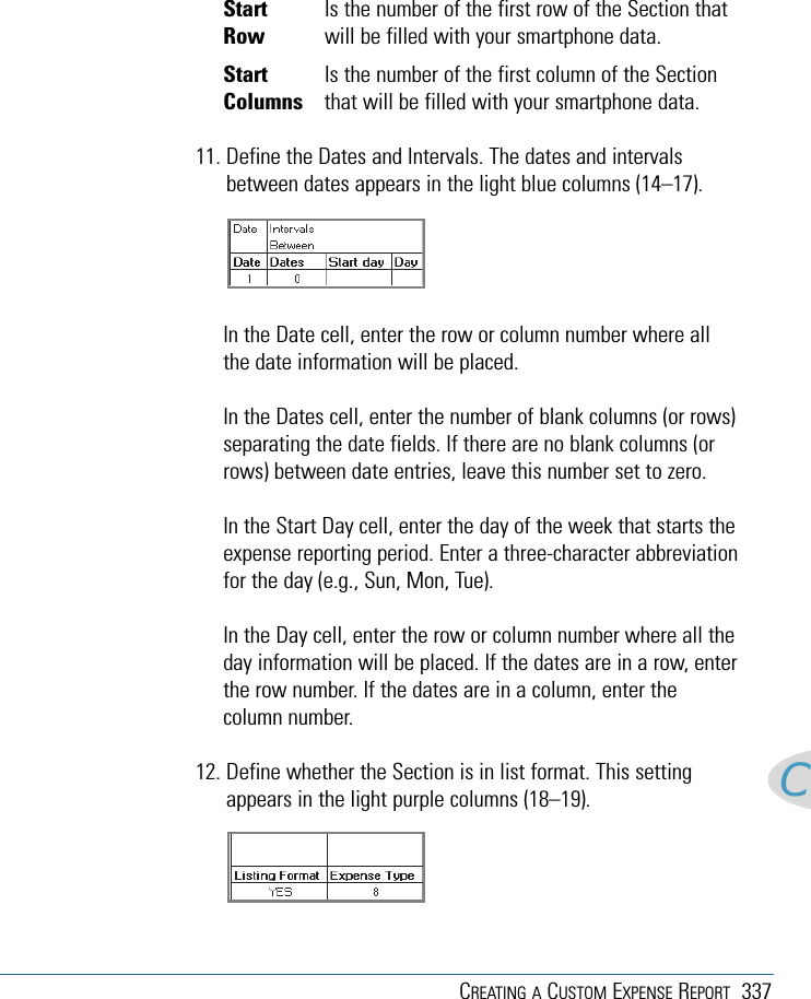 CREATING A CUSTOM EXPENSE REPORT 337CStart Is the number of the first row of the Section that Row will be filled with your smartphone data.Start Is the number of the first column of the Section Columns that will be filled with your smartphone data.11. Define the Dates and Intervals. The dates and intervalsbetween dates appears in the light blue columns (14–17).In the Date cell, enter the row or column number where allthe date information will be placed.In the Dates cell, enter the number of blank columns (or rows)separating the date fields. If there are no blank columns (orrows) between date entries, leave this number set to zero.In the Start Day cell, enter the day of the week that starts theexpense reporting period. Enter a three-character abbreviationfor the day (e.g., Sun, Mon, Tue).In the Day cell, enter the row or column number where all theday information will be placed. If the dates are in a row, enterthe row number. If the dates are in a column, enter thecolumn number.12. Define whether the Section is in list format. This settingappears in the light purple columns (18–19).
