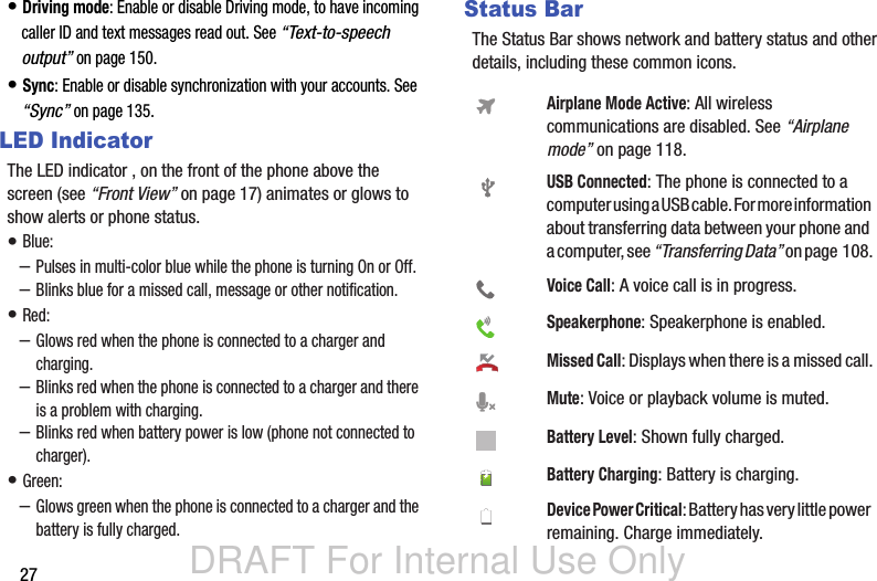 DRAFT For Internal Use Only27• Driving mode: Enable or disable Driving mode, to have incoming caller ID and text messages read out. See “Text-to-speech output” on page 150.• Sync: Enable or disable synchronization with your accounts. See “Sync” on page 135.LED IndicatorThe LED indicator , on the front of the phone above the screen (see “Front View” on page 17) animates or glows to show alerts or phone status.• Blue: –Pulses in multi-color blue while the phone is turning On or Off.–Blinks blue for a missed call, message or other notification.• Red: –Glows red when the phone is connected to a charger and charging.–Blinks red when the phone is connected to a charger and there is a problem with charging.–Blinks red when battery power is low (phone not connected to charger).• Green: –Glows green when the phone is connected to a charger and the battery is fully charged.Status BarThe Status Bar shows network and battery status and other details, including these common icons.Airplane Mode Active: All wireless communications are disabled. See “Airplane mode” on page 118.USB Connected: The phone is connected to a computer using a USB cable. For more information about transferring data between your phone and a computer, see “Transferring Data” on page 108.Voice Call: A voice call is in progress.Speakerphone: Speakerphone is enabled.Missed Call: Displays when there is a missed call.Mute: Voice or playback volume is muted.Battery Level: Shown fully charged.Battery Charging: Battery is charging.Device Power Critical: Battery has very little power remaining. Charge immediately.