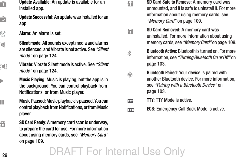 DRAFT For Internal Use Only29Update Available: An update is available for an installed app. Update Successful: An update was installed for an app. Alarm: An alarm is set.Silent mode: All sounds except media and alarms are silenced, and Vibrate is not active. See “Silent mode” on page 124.Vibrate: Vibrate Silent mode is active. See “Silent mode” on page 124.Music Playing: Music is playing, but the app is in the background. You can control playback from Notifications, or from Music player.Music Paused: Music playback is paused. You can control playback from Notifications, or from Music player.SD Card Ready: A memory card scan is underway, to prepare the card for use. For more information about using memory cards, see “Memory Card” on page 109.SD Card Safe to Remove: A memory card was unmounted, and it is safe to uninstall it. For more information about using memory cards, see “Memory Card” on page 109.SD Card Removed: A memory card was uninstalled. For more information about using memory cards, see “Memory Card” on page 109.Bluetooth Active: Bluetooth is turned on. For more information, see “Turning Bluetooth On or Off” on page 103.Bluetooth Paired: Your device is paired with another Bluetooth device. For more information, see “Pairing with a Bluetooth Device” on page 103.TTY: TTY Mode is active. ECB: Emergency Call Back Mode is active. 