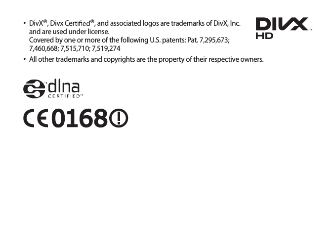 6DivX• ®, Divx Cer ®, and associated logos are trademarks of DivX, Inc. and are used under license. Covered by one or more of the following U.S. patents: Pat. 7,295,673; 7,460,668; 7,515,710; 7,519,274All other trademarks and copyrights are the property of their respective owners.• 