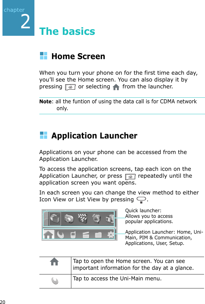 202The basicsHome ScreenWhen you turn your phone on for the first time each day, you’ll see the Home screen. You can also display it by pressing  or selecting   from the launcher.Note: all the funtion of using the data call is for CDMA network only.Application LauncherApplications on your phone can be accessed from the Application Launcher.To access the application screens, tap each icon on the Application Launcher, or press   repeatedly until the application screen you want opens.In each screen you can change the view method to either Icon View or List View by pressing  .Tap to open the Home screen. You can see important information for the day at a glance. Tap to access the Uni-Main menu.Application Launcher: Home, Uni-Main, PIM &amp; Communication, Applications, User, Setup.Quick launcher: Allows you to access popular applications.