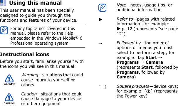 Using this manualThis user manual has been specially designed to guide you through the functions and features of your device.Instructional iconsBefore you start, familiarise yourself with the icons you will see in this manual:For any topics not covered in this manual, please refer to the Help embedded in the Windows Mobile® 6 Professional operating system.Warning—situations that could cause injury to yourself or othersCaution—situations that could cause damage to your device or other equipmentNote—notes, usage tips, or additional informationXRefer to—pages with related information; for example: X p. 12 (represents &quot;see page 12&quot;)→Followed by—the order of options or menus you must select to perform a step; for example: Tap Start → Programs → Camera (represents Start, followed by Programs, followed by Camera)[   ] Square brackets—device keys; for example: [ ] (represents the Power key)