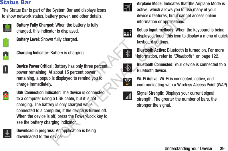Understanding Your Device 39Status BarThe Status Bar is part of the System Bar and displays icons to show network status, battery power, and other details. Battery Fully Charged: When the battery is fully charged, this indicator is displayed.Battery Level: Shown fully charged.Charging Indicator: Battery is charging. Device Power Critical: Battery has only three percent power remaining. At about 15 percent power remaining, a popup is displayed to remind you to charge immediately.USB Connection Indicator: The device is connected to a computer using a USB cable, but it is not charging. The battery is only charged while connected to a computer, if the device is turned off. When the device is off, press the Power/Lock key to see the battery charging indicator.Download in progress: An application is being downloaded to the device.Airplane Mode: Indicates that the Airplane Mode is active, which allows you to use many of your device’s features, but it cannot access online information or applications.Set up input methods: When the keyboard is being displayed, touch this icon to display a menu of quick keyboard settings.Bluetooth Active: Bluetooth is turned on. For more information, refer to “Bluetooth” on page 122.Bluetooth Connected: Your device is connected to a Bluetooth device.Wi-Fi Active: Wi-Fi is connected, active, and communicating with a Wireless Access Point (WAP).Signal Strength: Displays your current signal strength. The greater the number of bars, the stronger the signal. DRAFT FOR INTERNAL USE ONLY