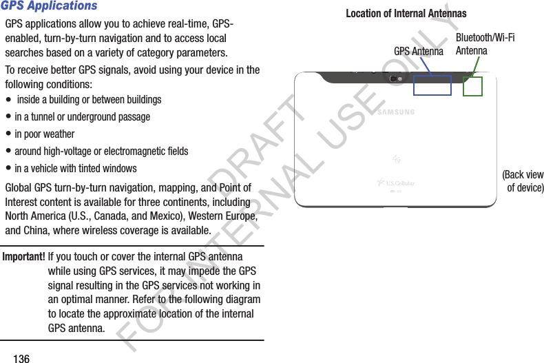 136GPS ApplicationsGPS applications allow you to achieve real-time, GPS-enabled, turn-by-turn navigation and to access local searches based on a variety of category parameters.To receive better GPS signals, avoid using your device in the following conditions: • inside a building or between buildings• in a tunnel or underground passage• in poor weather• around high-voltage or electromagnetic fields• in a vehicle with tinted windowsGlobal GPS turn-by-turn navigation, mapping, and Point of Interest content is available for three continents, including North America (U.S., Canada, and Mexico), Western Europe, and China, where wireless coverage is available. Important!If you touch or cover the internal GPS antenna while using GPS services, it may impede the GPS signal resulting in the GPS services not working in an optimal manner. Refer to the following diagram to locate the approximate location of the internal GPS antenna.(Back view of device)Location of Internal AntennasGPS AntennaBluetooth/Wi-FiAntennaDRAFT FOR INTERNAL USE ONLY