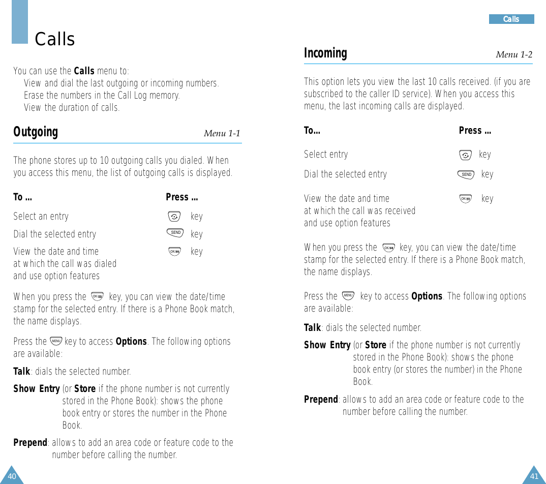 40 41CallsYou can use the Calls menu to:• View and dial the last outgoing or incoming numbers. • Erase the numbers in the Call Log memory.• View the duration of calls.Outgoing Menu 1-1The phone stores up to 10 outgoing calls you dialed. Whenyou access this menu, the list of outgoing calls is displayed.To ...  Press ... Select an entry key Dial the selected entry keyView the date and time keyat which the call was dialedand use option featuresWhen you press the         key, you can view the date/timestamp for the selected entry. If there is a Phone Book match,the name displays.Press the key to access Options. The following optionsare available:Talk: dials the selected number.Show Entry (or Store if the phone number is not currentlystored in the Phone Book): shows the phonebook entry or stores the number in the PhoneBook.Prepend: allows to add an area code or feature code to thenumber before calling the number.SENDOK/MENUOK/CCaallllssIncoming Menu 1-2This option lets you view the last 10 calls received. (if you aresubscribed to the caller ID service). When you access thismenu, the last incoming calls are displayed.To... Press ... Select entry key Dial the selected entry keyView the date and time  keyat which the call was receivedand use option featuresWhen you press the         key, you can view the date/timestamp for the selected entry. If there is a Phone Book match,the name displays.Press the  key to access Options. The following optionsare available:Talk: dials the selected number.Show Entry (or Store if the phone number is not currentlystored in the Phone Book): shows the phonebook entry (or stores the number) in the PhoneBook.Prepend: allows to add an area code or feature code to thenumber before calling the number.SENDMENUOK/OK/