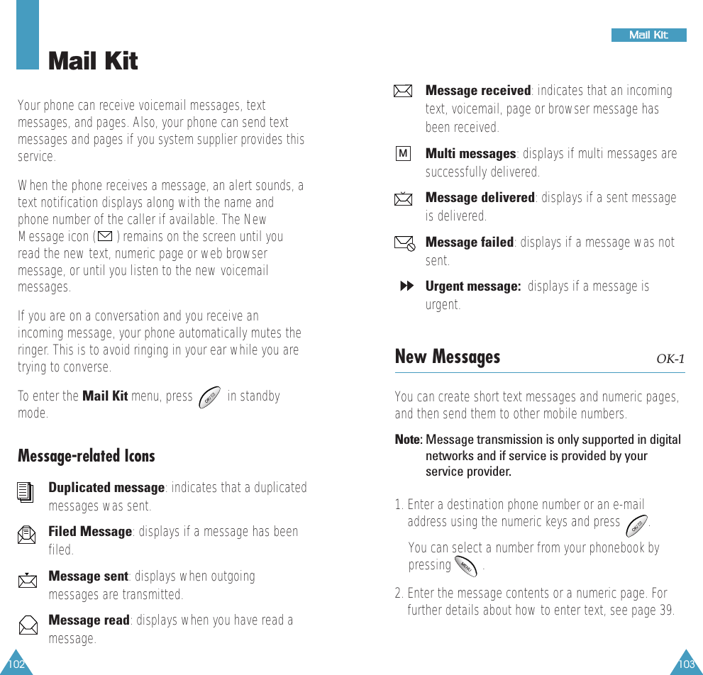 103MMaaiill  KKiitt102Mail KitYour phone can receive voicemail messages, textmessages, and pages. Also, your phone can send textmessages and pages if you system supplier provides thisservice. When the phone receives a message, an alert sounds, atext notification displays along with the name andphone number of the caller if available. The NewMessage icon ( ) remains on the screen until youread the new text, numeric page or web browsermessage, or until you listen to the new voicemailmessages.If you are on a conversation and you receive anincoming message, your phone automatically mutes theringer. This is to avoid ringing in your ear while you aretrying to converse.To enter the Mail Kit menu, press          in standbymode.Message-related IconsDuplicated message: indicates that a duplicatedmessages was sent.Filed Message: displays if a message has beenfiled.Message sent: displays when outgoingmessages are transmitted.Message read: displays when you have read amessage.Message received: indicates that an incomingtext, voicemail, page or browser message hasbeen received.Multi messages: displays if multi messages aresuccessfully delivered.Message delivered: displays if a sent messageis delivered.Message failed: displays if a message was notsent.Urgent message:  displays if a message isurgent.New Messages OK-1You can create short text messages and numeric pages,and then send them to other mobile numbers. Note: Message transmission is only supported in digitalnetworks and if service is provided by yourservice provider.1. Enter a destination phone number or an e-mailaddress using the numeric keys and press        . You can select a number from your phonebook bypressing         .2. Enter the message contents or a numeric page. Forfurther details about how to enter text, see page 39.M