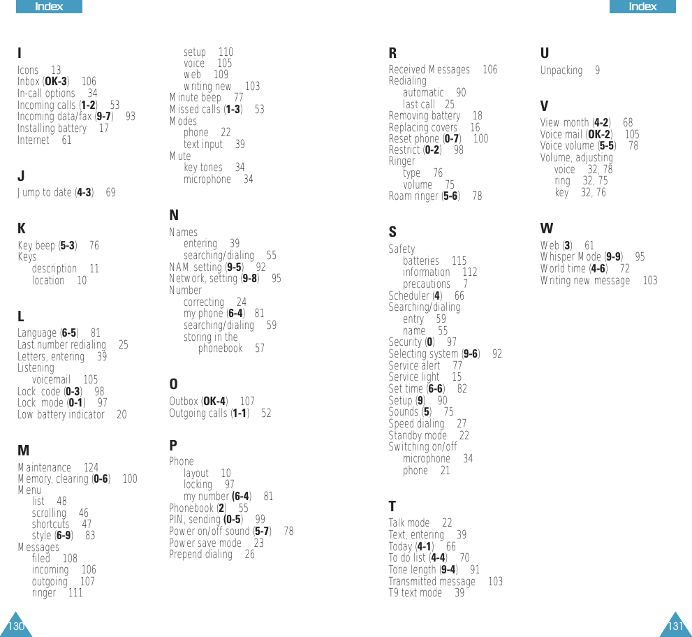130IInnddeexx131IInnddeexxIIcons &bull; 13Inbox (OK-3) &bull; 106In-call options &bull; 34Incoming calls (1-2) &bull; 53Incoming data/fax (9-7) &bull; 93Installing battery &bull; 17Internet &bull; 61JJump to date (4-3) &bull; 69KKey beep (5-3) &bull; 76Keysdescription &bull; 11location &bull; 10LLanguage (6-5) &bull; 81Last number redialing &bull; 25Letters, entering &bull; 39Listeningvoicemail &bull; 105Lock  code (0-3) &bull; 98Lock  mode (0-1) &bull; 97Low battery indicator &bull; 20MMaintenance &bull; 124Memory, clearing (0-6) &bull; 100Menulist &bull; 48scrolling &bull; 46shortcuts &bull; 47style (6-9) &bull; 83Messagesfiled &bull; 108incoming &bull; 106outgoing &bull; 107ringer &bull; 111setup &bull; 110voice &bull; 105web &bull; 109writing new &bull; 103Minute beep &bull; 77Missed calls (1-3) &bull; 53Modesphone &bull; 22text input &bull; 39Mutekey tones &bull; 34microphone &bull; 34NNamesentering &bull; 39searching/dialing &bull; 55NAM setting (9-5) &bull; 92Network, setting (9-8) &bull; 95Numbercorrecting &bull; 24my phone (6-4)&bull; 81searching/dialing &bull; 59storing in the phonebook &bull; 57OOutbox (OK-4) &bull; 107Outgoing calls (1-1) &bull; 52PPhone layout &bull; 10locking &bull; 97my number (6-4) &bull; 81Phonebook (2) &bull; 55PIN, sending (0-5) &bull; 99Power on/off sound (5-7) &bull; 78Power save mode &bull; 23Prepend dialing &bull; 26RReceived Messages &bull; 106Redialing automatic &bull; 90last call &bull;25Removing battery &bull; 18Replacing covers &bull; 16Reset phone (0-7) &bull; 100Restrict (0-2) &bull; 98Ringertype &bull; 76volume &bull; 75Roam ringer (5-6) &bull; 78SSafetybatteries &bull; 115information &bull; 112precautions &bull; 7Scheduler (4) &bull; 66Searching/dialingentry &bull; 59name &bull; 55Security (0) &bull; 97Selecting system (9-6) &bull; 92Service alert &bull; 77Service light &bull; 15Set time (6-6) &bull; 82Setup (9) &bull; 90Sounds (5) &bull; 75Speed dialing &bull; 27Standby mode &bull; 22Switching on/off microphone &bull; 34phone &bull; 21TTalk mode &bull; 22Text, entering &bull; 39Today (4-1) &bull; 66To do list (4-4) &bull; 70Tone length (9-4) &bull; 91Transmitted message &bull; 103T9 text mode &bull; 39UUnpacking &bull; 9VView month (4-2) &bull; 68Voice mail (OK-2) &bull; 105Voice volume (5-5) &bull; 78Volume, adjustingvoice &bull; 32, 78ring &bull; 32, 75key &bull; 32, 76WWeb (3)&bull; 61Whisper Mode (9-9) &bull; 95World time (4-6) &bull; 72Writing new message &bull; 103