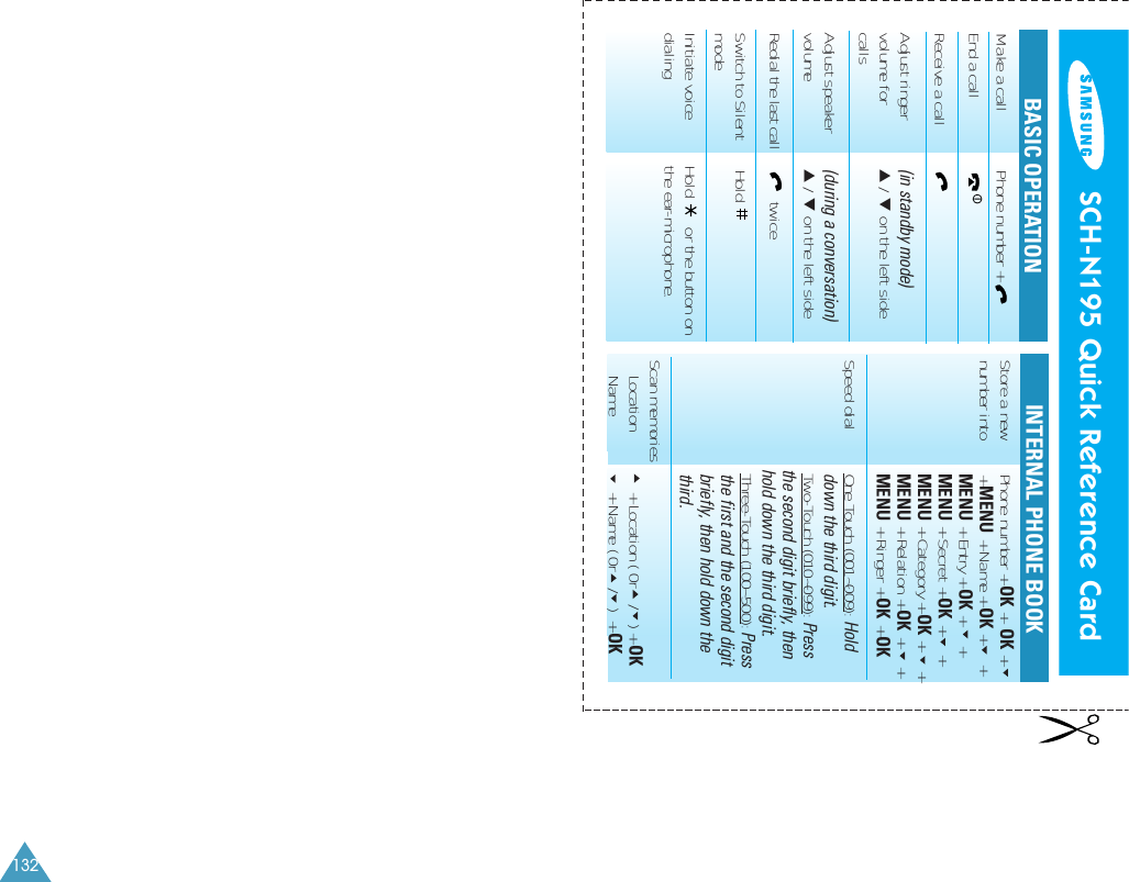 132Make a call Phone number + End a callReceive a callAdjust ringer (in standby mode)volume for ▲ / ▼on the left sidecallsAdjust speaker  (during a conversation)  volume ▲ / ▼on the left sideRedial the last call twiceSwitch to Silent Hold modeInitiate voice Hold       or the button ondialing the ear-microphone.Store a new  Phone number + OK +  OK + number into + MENU + Name + OK +     +MENU + Entry + OK +     +MENU + Secret + OK +     +MENU + Category + OK +     +MENU + Relation + OK +     +MENU + Ringer + OK + OKSpeed dial  One Touch (001~009): Hold  down the third digit.Two-Touch (010~099): Press  the second digit briefly, then hold down the third digit.Three-Touch (100~500): Pressthe first and the second digit briefly, then hold down the third.Scan memories&bull; Location + Location ( 0r  /   ) + OK&bull; Name + Name ( 0r   /   )  + OKSCH-N195 Quick Reference CardBASIC OPERATION INTERNAL PHONE BOOK