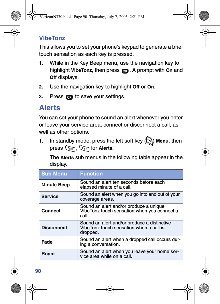 90VibeTonzThis allows you to set your phone’s keypad to generate a brief touch sensation as each key is pressed.1. While in the Key Beep menu, use the navigation key to highlight VibeTonz, then press  . A prompt with On and Off displays.2. Use the navigation key to highlight Off or On.3. Press   to save your settings.AlertsYou can set your phone to sound an alert whenever you enter or leave your service area, connect or disconnect a call, as well as other options.1. In standby mode, press the left soft key ( ) Menu, then press ,  for Alerts. The Alerts sub menus in the following table appear in the display.Sub Menu FunctionMinute Beep Sound an alert ten seconds before each elapsed minute of a call.Service Sound an alert when you go into and out of your coverage areas.ConnectSound an alert and/or produce a unique VibeTonz touch sensation when you connect a call.DisconnectSound an alert and/or produce a distinctive VibeTonz touch sensation when a call is dropped.Fade Sound an alert when a dropped call occurs dur-ing a conversation.Roam Sound an alert when you leave your home ser-vice area while on a call.VerizonN330.book  Page 90  Thursday, July 7, 2005  2:21 PM