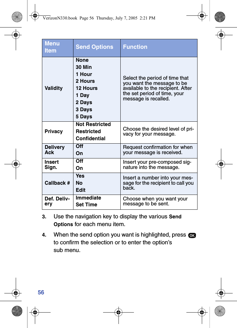 563. Use the navigation key to display the various Send Options for each menu item.4. When the send option you want is highlighted, press   to confirm the selection or to enter the option’s sub menu.ValidityNone30 Min1 Hour2 Hours12 Hours1 Day2 Days3 Days5 DaysSelect the period of time that you want the message to be available to the recipient. After the set period of time, your message is recalled.PrivacyNot RestrictedRestrictedConfidentialChoose the desired level of pri-vacy for your message.Delivery AckOffOnRequest confirmation for when your message is received.Insert Sign.OffOnInsert your pre-composed sig-nature into the message.Callback #YesNoEditInsert a number into your mes-sage for the recipient to call you back. Def. Deliv-eryImmediateSet TimeChoose when you want your message to be sent.Menu Item Send Options FunctionVerizonN330.book  Page 56  Thursday, July 7, 2005  2:21 PM