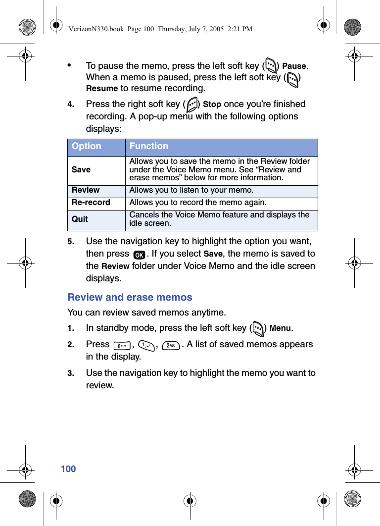 100•To pause the memo, press the left soft key ( ) Pause. When a memo is paused, press the left soft key ( ) Resume to resume recording.4. Press the right soft key ( ) Stop once you’re finished recording. A pop-up menu with the following options displays:5. Use the navigation key to highlight the option you want, then press  . If you select Save, the memo is saved to the Review folder under Voice Memo and the idle screen displays.Review and erase memosYou can review saved memos anytime. 1. In standby mode, press the left soft key ( ) Menu.2. Press  ,  ,  . A list of saved memos appears in the display.3. Use the navigation key to highlight the memo you want to review.Option FunctionSaveAllows you to save the memo in the Review folder under the Voice Memo menu. See “Review and erase memos” below for more information.Review Allows you to listen to your memo.Re-record Allows you to record the memo again.Quit Cancels the Voice Memo feature and displays the idle screen.VerizonN330.book  Page 100  Thursday, July 7, 2005  2:21 PM