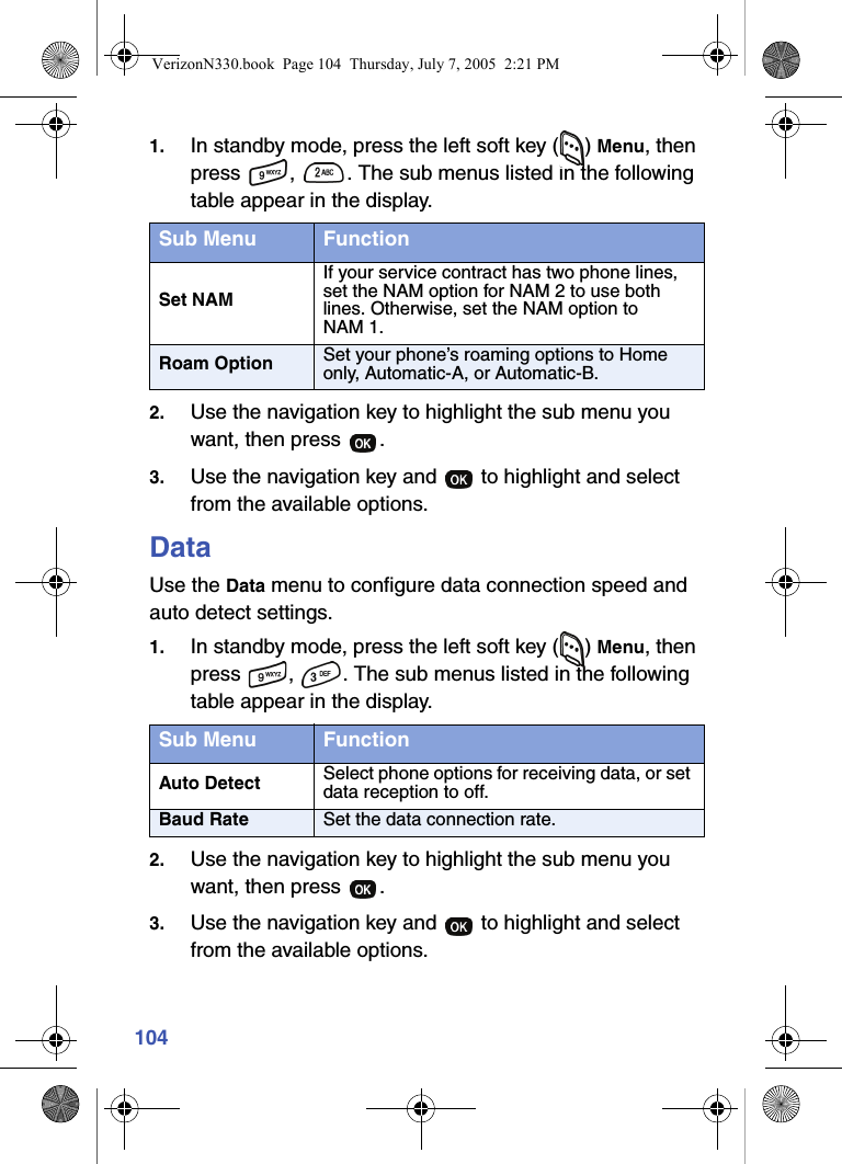 1041. In standby mode, press the left soft key ( ) Menu, then press  ,  . The sub menus listed in the following table appear in the display.2. Use the navigation key to highlight the sub menu you want, then press  .3. Use the navigation key and   to highlight and select from the available options.DataUse the Data menu to configure data connection speed and auto detect settings.1. In standby mode, press the left soft key ( ) Menu, then press  ,  . The sub menus listed in the following table appear in the display.2. Use the navigation key to highlight the sub menu you want, then press  .3. Use the navigation key and   to highlight and select from the available options.Sub Menu FunctionSet NAMIf your service contract has two phone lines, set the NAM option for NAM 2 to use both lines. Otherwise, set the NAM option to NAM 1.Roam Option Set your phone’s roaming options to Home only, Automatic-A, or Automatic-B.Sub Menu FunctionAuto Detect Select phone options for receiving data, or set data reception to off.Baud Rate Set the data connection rate.VerizonN330.book  Page 104  Thursday, July 7, 2005  2:21 PM