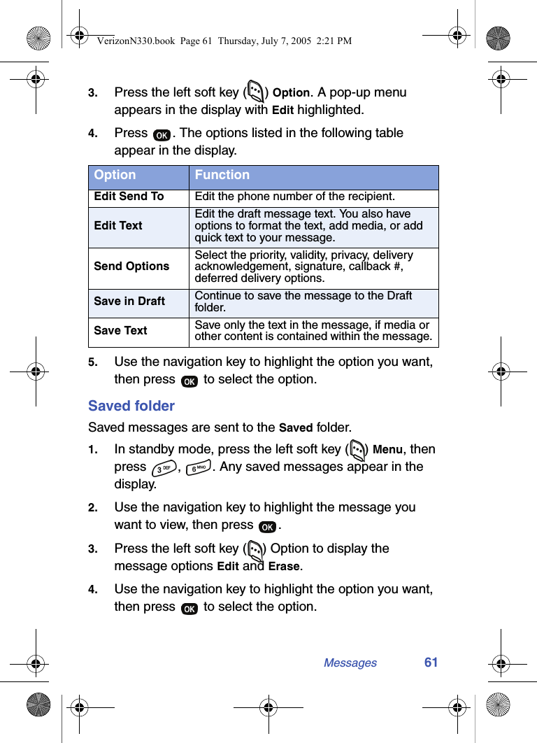 Messages 613. Press the left soft key ( ) Option. A pop-up menu appears in the display with Edit highlighted.4. Press  . The options listed in the following table appear in the display.5. Use the navigation key to highlight the option you want, then press   to select the option.Saved folderSaved messages are sent to the Saved folder.1. In standby mode, press the left soft key ( ) Menu, then press  ,  . Any saved messages appear in the display.2. Use the navigation key to highlight the message you want to view, then press  .3. Press the left soft key ( ) Option to display the message options Edit and Erase.4. Use the navigation key to highlight the option you want, then press   to select the option.Option FunctionEdit Send To Edit the phone number of the recipient.Edit TextEdit the draft message text. You also have options to format the text, add media, or add quick text to your message.Send OptionsSelect the priority, validity, privacy, delivery acknowledgement, signature, callback #, deferred delivery options.Save in Draft Continue to save the message to the Draft folder.Save Text Save only the text in the message, if media or other content is contained within the message.VerizonN330.book  Page 61  Thursday, July 7, 2005  2:21 PM