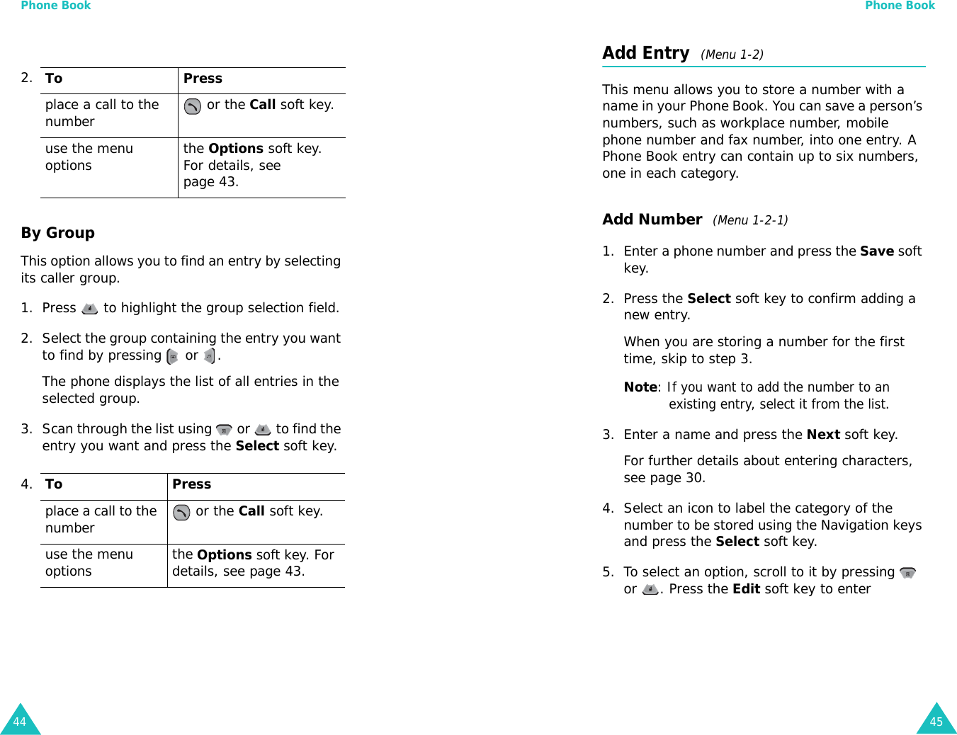 Phone Book44By GroupThis option allows you to find an entry by selecting its caller group.1. Press   to highlight the group selection field.2. Select the group containing the entry you want to find by pressing   or  .The phone displays the list of all entries in the selected group. 3. Scan through the list using   or   to find the entry you want and press the Select soft key. 2.To Pressplace a call to the number  or the Call soft key.use the menu options the Options soft key. For details, see page 43.4.To Pressplace a call to the number  or the Call soft key.use the menu options the Options soft key. For details, see page 43.Phone Book45Add Entry  (Menu 1-2)This menu allows you to store a number with a name in your Phone Book. You can save a person’s numbers, such as workplace number, mobile phone number and fax number, into one entry. A Phone Book entry can contain up to six numbers, one in each category. Add Number  (Menu 1-2-1)1. Enter a phone number and press the Save soft key. 2. Press the Select soft key to confirm adding a new entry.When you are storing a number for the first time, skip to step 3.Note: If you want to add the number to an existing entry, select it from the list.3. Enter a name and press the Next soft key.For further details about entering characters, see page 30.4. Select an icon to label the category of the number to be stored using the Navigation keys and press the Select soft key.5. To select an option, scroll to it by pressing   or . Press the Edit soft key to enter 