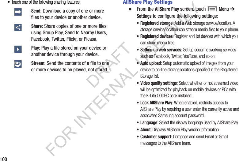 100&bull;Touch one of the following sharing features: AllShare Play Settings䡲  From the AllShare Play screen, touch   Menu ➔ Settings to configure the following settings:&bull;Registered storage: Add a Web storage service/location. A storage service/location can stream media files to your phone. &bull; Registered devices: Register and list devices with which you can share media files. &bull; Setting up web services: Set up social networking services such as Facebook, Twitter, YouTube, and so on. &bull;Auto upload: Setup automatic upload of images from your device to on-line storage locations specified in the Registered Storage list. &bull; Video quality settings: Select whether or not streamed video will be optimized for playback on mobile devices or PCs with the K-Lite CODEC pack installed. &bull; Lock AllShare Play: When enabled, restricts access to AllShare Play by requiring a user enter the currently active and associated Samsung account password. &bull; Language: Select the display language used by AllShare Play. &bull; About: Displays AllShare Play version information. &bull;Customer support: Compose and send Email or Gmail messages to the AllShare team. Send: Download a copy of one or more files to your device or another device. Share: Share copies of one or more files using Group Play, Send to Nearby Users, Facebook, Twitter, Flickr, or Picasa. Play: Play a file stored on your device or another device through your device. Stream: Send the contents of a file to one or more devices to be played, not stored. DRAFT FOR INTERNAL USE ONLY
