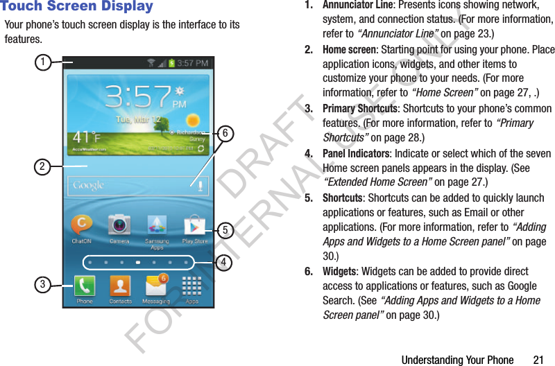 Understanding Your Phone       21Touch Screen DisplayYour phone&rsquo;s touch screen display is the interface to its features. 1.Annunciator Line: Presents icons showing network, system, and connection status. (For more information, refer to &ldquo;Annunciator Line&rdquo; on page 23.) 2.Home screen: Starting point for using your phone. Place application icons, widgets, and other items to customize your phone to your needs. (For more information, refer to &ldquo;Home Screen&rdquo; on page 27, .) 3.Primary Shortcuts: Shortcuts to your phone&rsquo;s common features. (For more information, refer to &ldquo;Primary Shortcuts&rdquo; on page 28.) 4.Panel Indicators: Indicate or select which of the seven Home screen panels appears in the display. (See &ldquo;Extended Home Screen&rdquo; on page 27.) 5.Shortcuts: Shortcuts can be added to quickly launch applications or features, such as Email or other applications. (For more information, refer to &ldquo;Adding Apps and Widgets to a Home Screen panel&rdquo; on page 30.) 6.Widgets: Widgets can be added to provide direct access to applications or features, such as Google Search. (See &ldquo;Adding Apps and Widgets to a Home Screen panel&rdquo; on page 30.) 132456DRAFT FOR INTERNAL USE ONLY