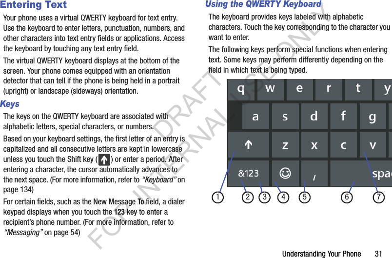 Understanding Your Phone       31Entering TextYour phone uses a virtual QWERTY keyboard for text entry. Use the keyboard to enter letters, punctuation, numbers, and other characters into text entry fields or applications. Access the keyboard by touching any text entry field.The virtual QWERTY keyboard displays at the bottom of the screen. Your phone comes equipped with an orientation detector that can tell if the phone is being held in a portrait (upright) or landscape (sideways) orientation.KeysThe keys on the QWERTY keyboard are associated with alphabetic letters, special characters, or numbers.Based on your keyboard settings, the first letter of an entry is capitalized and all consecutive letters are kept in lowercase unless you touch the Shift key ( ) or enter a period. After entering a character, the cursor automatically advances to the next space. (For more information, refer to “Keyboard” on page 134) For certain fields, such as the New Message To field, a dialer keypad displays when you touch the 123 key to enter a recipient’s phone number. (For more information, refer to “Messaging” on page 54) Using the QWERTY KeyboardThe keyboard provides keys labeled with alphabetic characters. Touch the key corresponding to the character you want to enter.The following keys perform special functions when entering text. Some keys may perform differently depending on the field in which text is being typed.3214 5 6 7DRAFT FOR INTERNAL USE ONLY