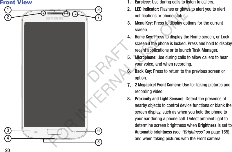 20Front View1.Earpiece: Use during calls to listen to callers.2.LED Indicator: Flashes or glows to alert you to alert notifications or phone status. 3.Menu Key: Press to display options for the current screen.4.Home Key: Press to display the Home screen, or Lock screen if the phone is locked. Press and hold to display recent applications or to launch Task Manager.5.Microphone: Use during calls to allow callers to hear your voice, and when recording.6.Back Key: Press to return to the previous screen or option.7.2 Megapixel Front Camera: Use for taking pictures and recording video.8.Proximity and Light Sensors: Detect the presence of nearby objects to control device functions or blank the screen display, such as when you hold the phone to your ear during a phone call. Detect ambient light to determine screen brightness when Brightness is set to Automatic brightness (see “Brightness” on page 155), and when taking pictures with the Front camera. 12346578DRAFT FOR INTERNAL USE ONLY