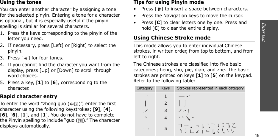 Enter text    19Using the tonesYou can enter another character by assigning a tone for the selected pinyin. Entering a tone for a character is optional, but it is especially useful if the pinyin spelling is similar for several characters.1. Press the keys corresponding to the pinyin of the letter you need. 2. If necessary, press [Left] or [Right] to select the pinyin. 3. Press [ ] for four tones.4. If you cannot find the character you want from the display, press [Up] or [Down] to scroll through word choices.5. Press a key, [1] to [6], corresponding to the character.Rapid character entryTo enter the word “zhong guo ( )”, enter the first character using the following keystrokes; [9], [4], [6], [6], [1], and [1]. You do not have to complete the Pinyin spelling to include “guo ( ).” The character displays automatically.Tips for using Pinyin mode• Press [ ] to insert a space between characters.• Press the Navigation keys to move the cursor.• Press [C] to clear letters one by one. Press and hold [C] to clear the entire display.Using Chinese Stroke modeThis mode allows you to enter individual Chinese strokes, in written order, from top to bottom, and from left to right. The Chinese strokes are classified into five basic categories; heng, shu, pie, dian, and zhe. The basic strokes are printed on keys [1] to [5] on the keypad. Refer to the following table:Category       Keys      Strokes represented in each category