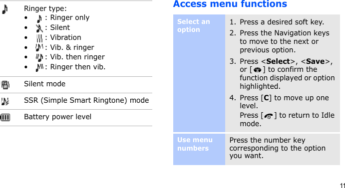 11Access menu functionsRinger type:• : Ringer only• : Silent•: Vibration•: Vib. &amp; ringer• : Vib. then ringer• : Ringer then vib.Silent modeSSR (Simple Smart Ringtone) modeBattery power levelSelect an option1. Press a desired soft key.2. Press the Navigation keys to move to the next or previous option.3. Press &lt;Select&gt;, &lt;Save&gt;, or [ ] to confirm the function displayed or option highlighted.4. Press [C] to move up one level.Press [ ] to return to Idle mode.Use menu numbersPress the number key corresponding to the option you want.
