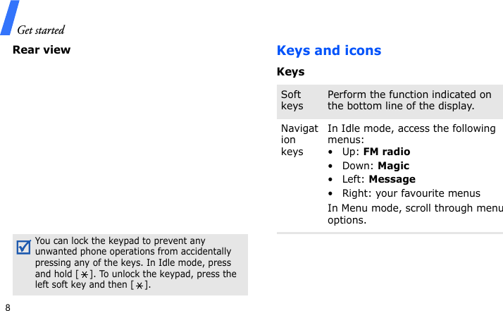 Get started8Rear viewKeys and iconsKeysYou can lock the keypad to prevent any unwanted phone operations from accidentally pressing any of the keys. In Idle mode, press and hold [ ]. To unlock the keypad, press the left soft key and then [ ].Soft keysPerform the function indicated on the bottom line of the display.Navigation keysIn Idle mode, access the following menus:•Up: FM radio•Down: Magic•Left: Message• Right: your favourite menusIn Menu mode, scroll through menu options.