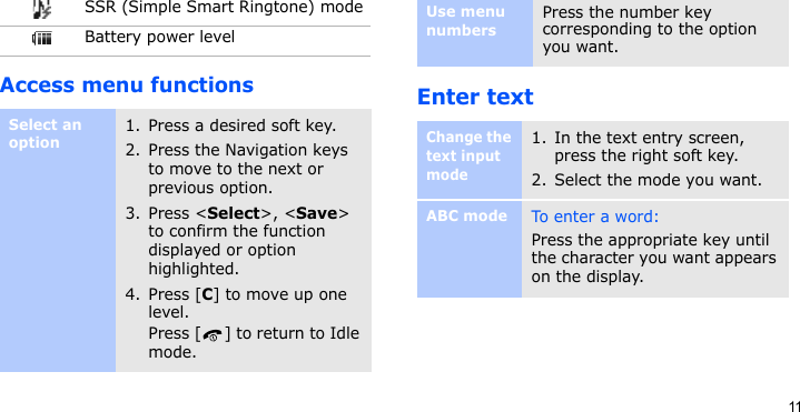 11Access menu functionsEnter textSSR (Simple Smart Ringtone) modeBattery power levelSelect an option1. Press a desired soft key.2. Press the Navigation keys to move to the next or previous option.3. Press &lt;Select&gt;, &lt;Save&gt; to confirm the function displayed or option highlighted.4. Press [C] to move up one level.Press [ ] to return to Idle mode.Use menu numbersPress the number key corresponding to the option you want.Change the text input mode1. In the text entry screen, press the right soft key.2. Select the mode you want.ABC modeTo e nt er  a  wo rd :Press the appropriate key until the character you want appears on the display.